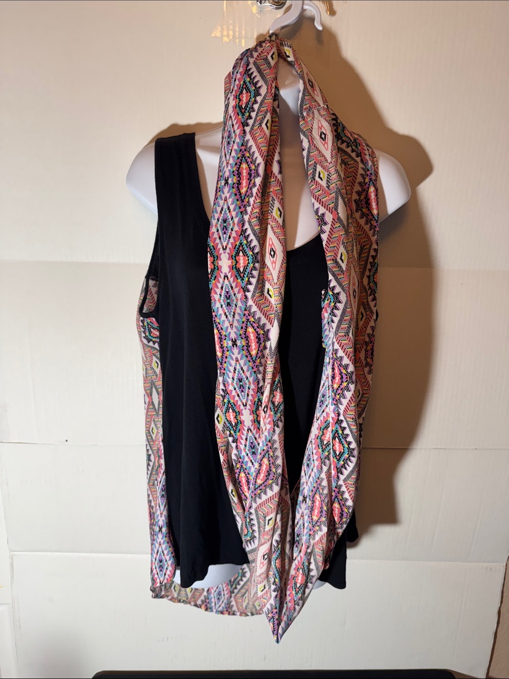 Black Sleeveless Women's Tank with Pink Multi-Color Aztec Scarf